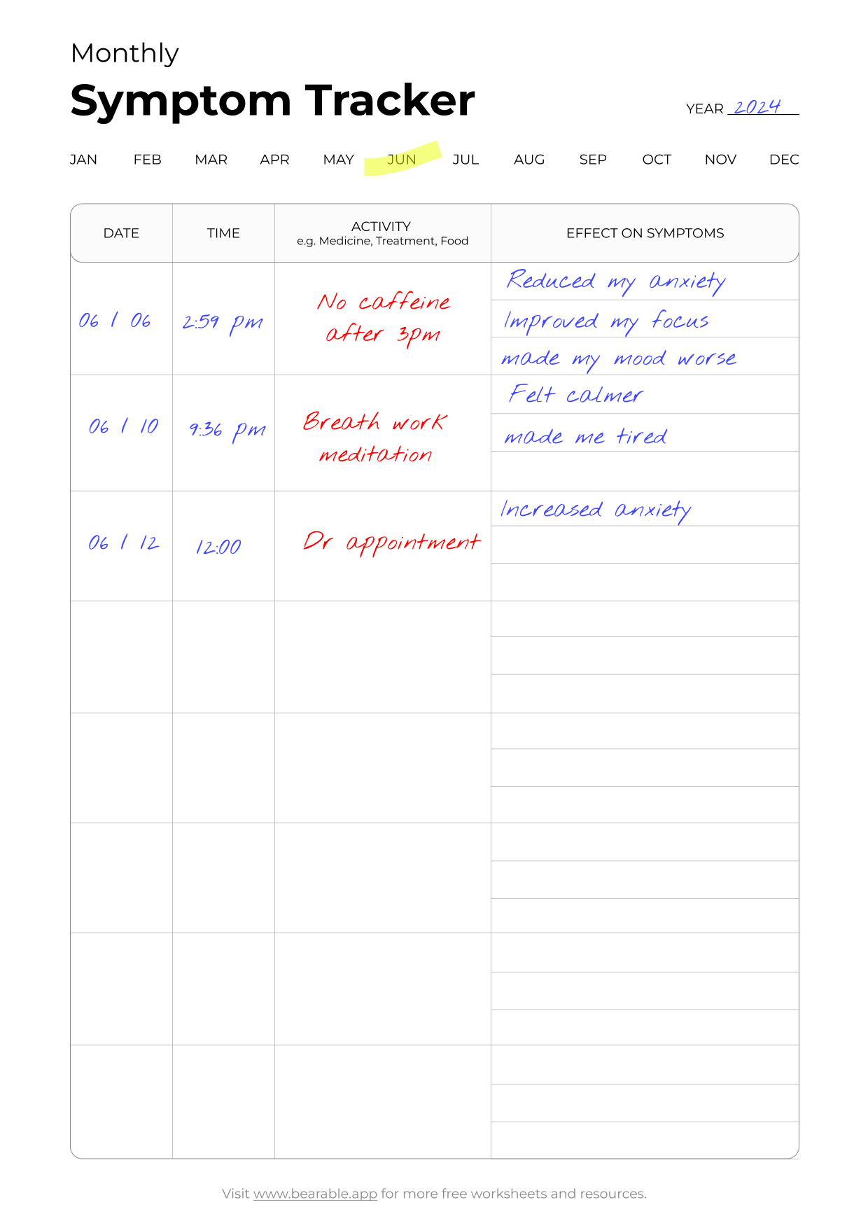 free symptom tracker worksheet & medical planner - bearable